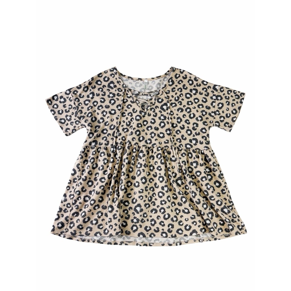 Leopard Print Babydoll Top Lace Up Front Short Sleeve Boho Animal Print Medium